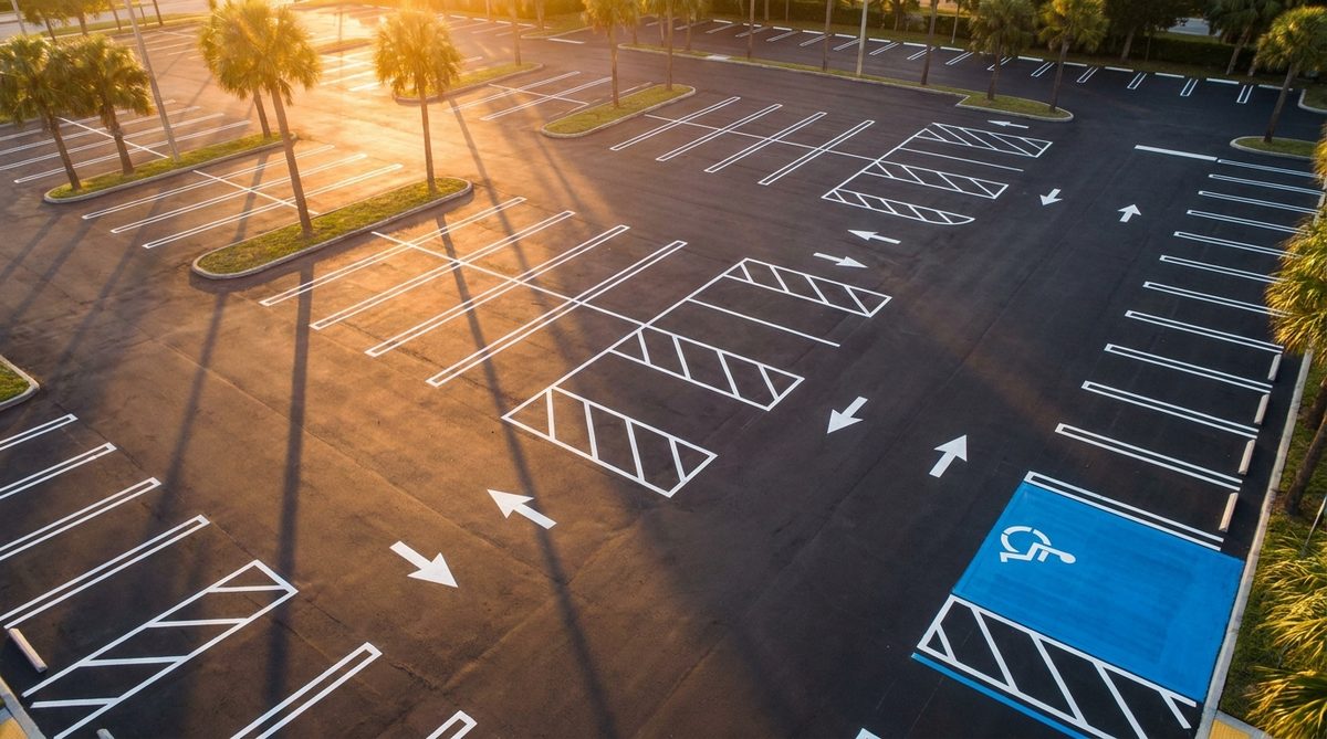 Freshly striped commercial parking lot at sunset