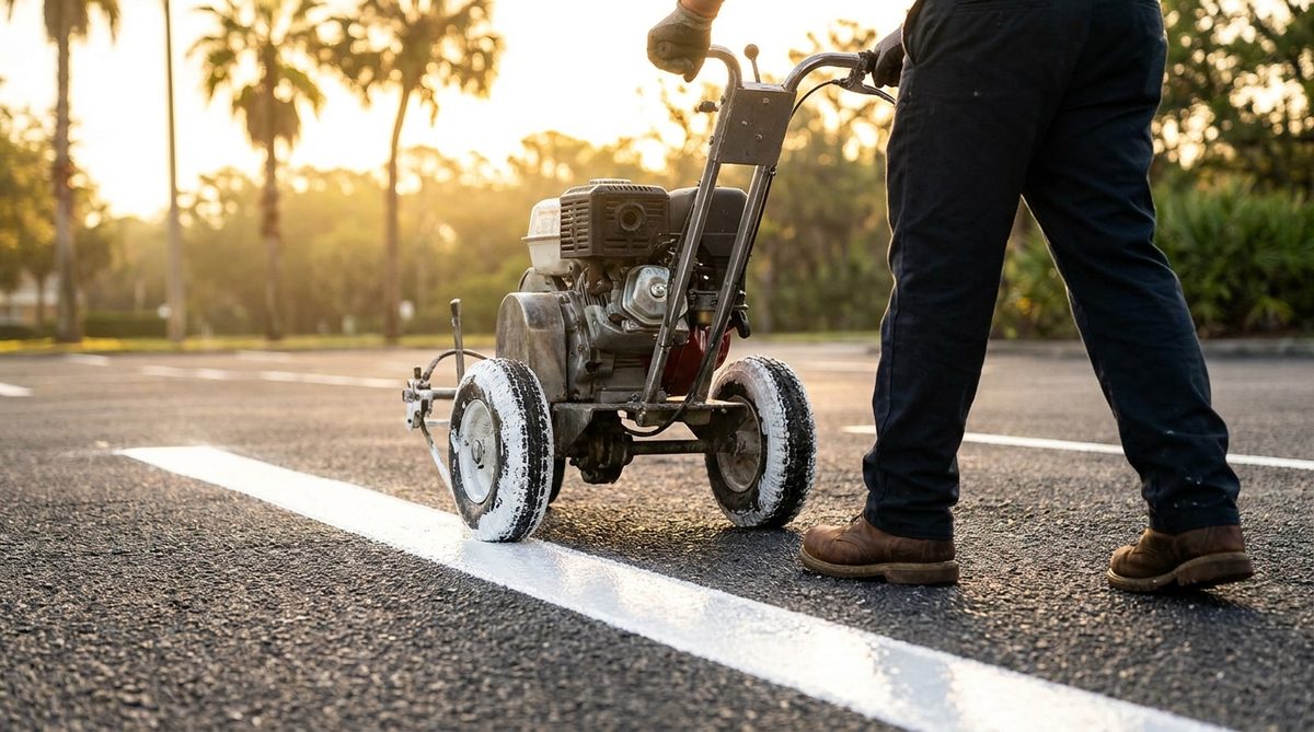 Line striping machine laying a fresh white line